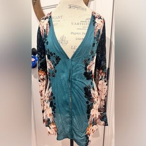 Balsam blouse from Free People, Sz L, green/multi, button cuff